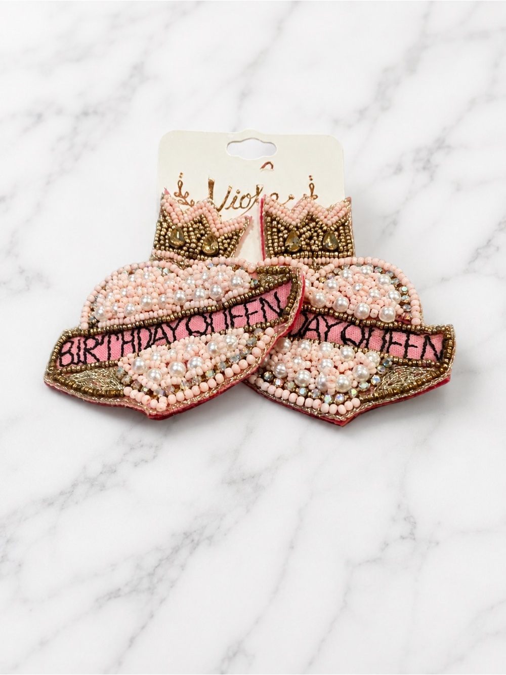 Viola Birthday Queen Beaded Statement Earrings Pink Gold NWT